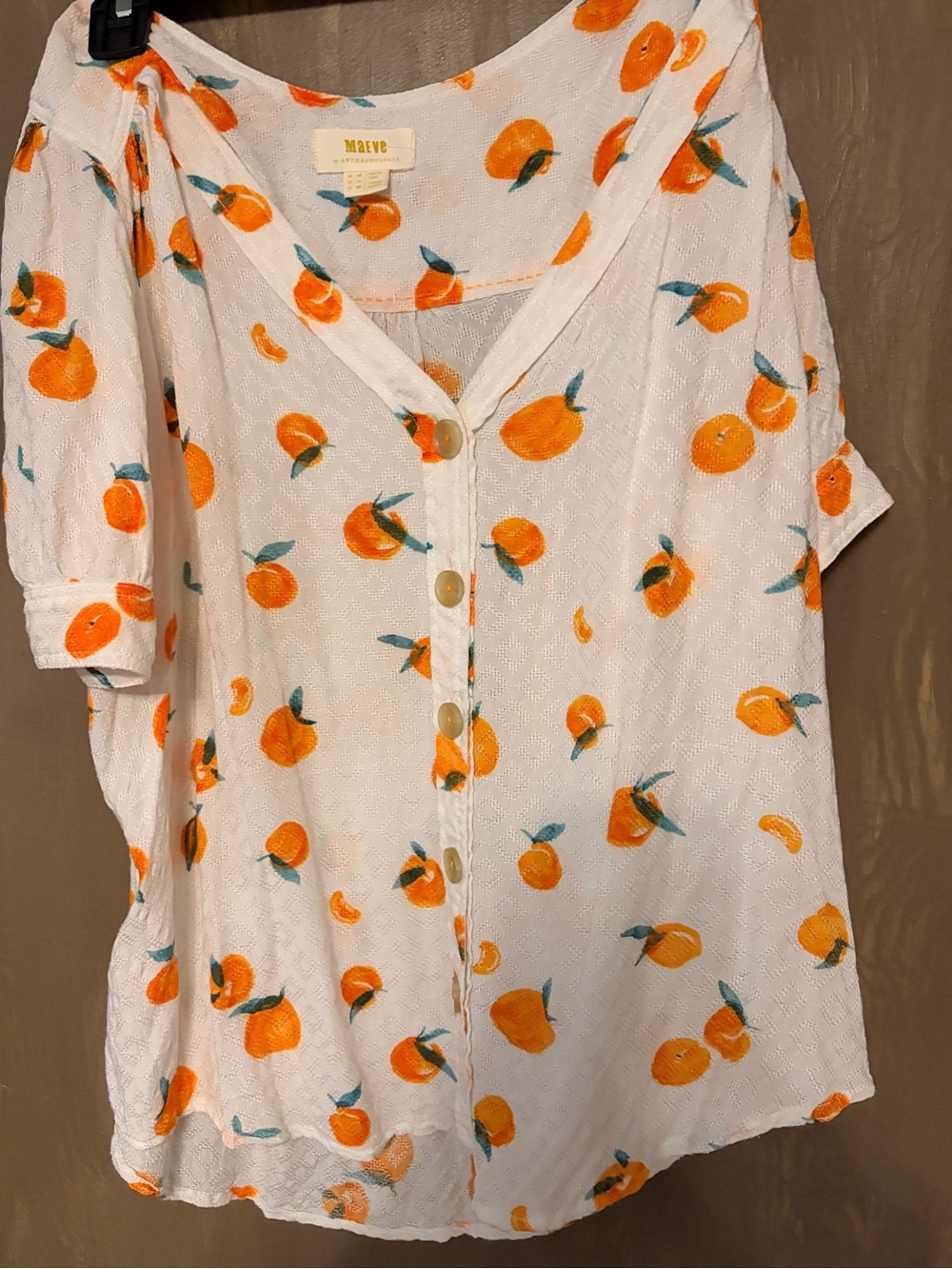 Maeve White Button-Front Blouse with Orange Fruit Print